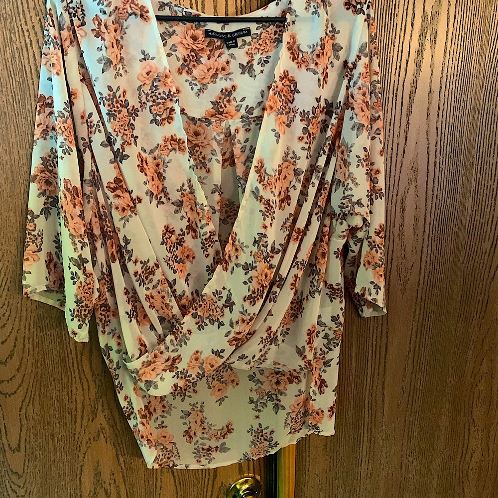 High-Low sheer crossover flower printed blouse Size 10 Pale green w/autumn color